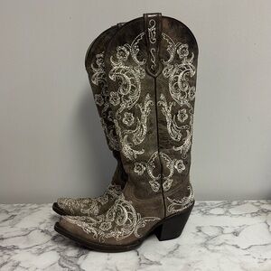 Corral Snip Toe Brown Cowgirl Boots White Floral Embroidery Western Wear Women 6
